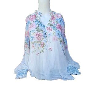 Joie Pastel Floral Sheer Lined White Metallic Thread Long-Sleeved Blouse Top SzL